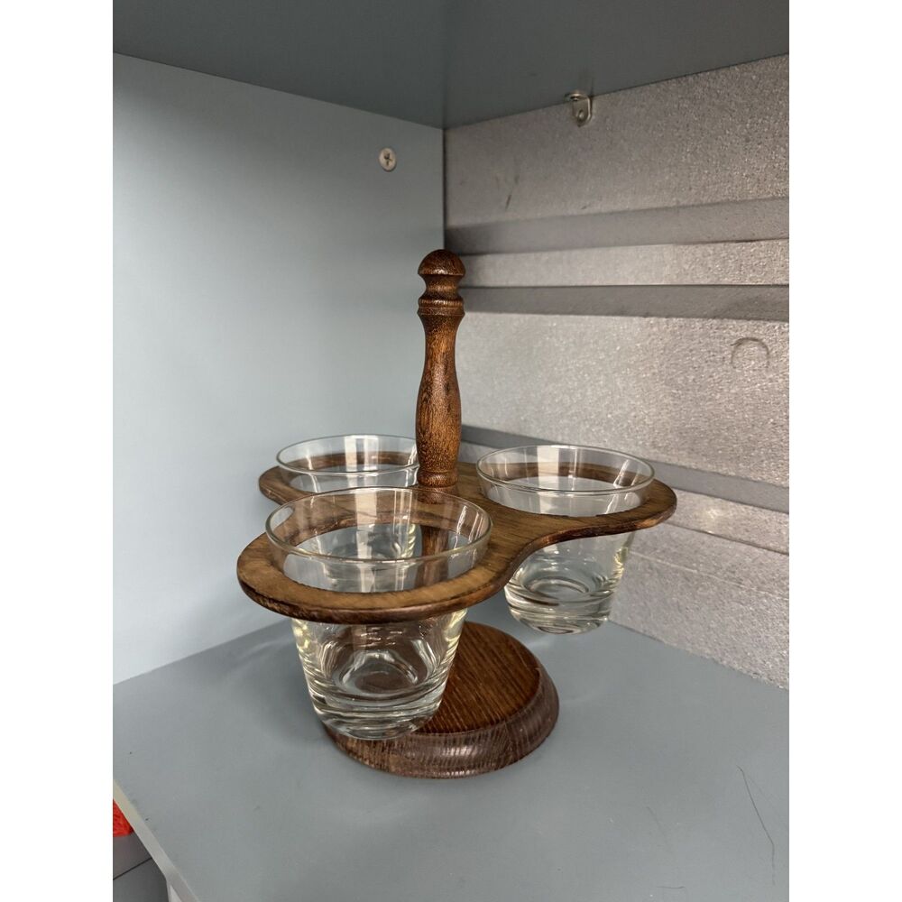 VTG Woodcrest by Styson Japan Condiment Set - 3 Glass Jars Wood Stand & 2 Lids